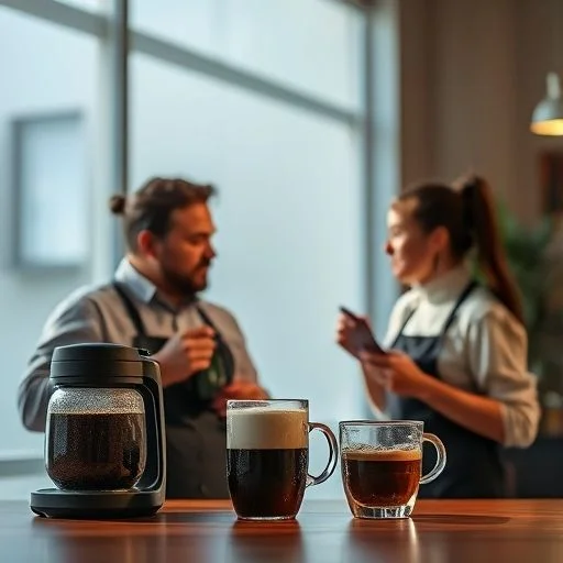 A detailed shot of specialized coffee cupping tools, including elegant ceramic spoons and cupping bowls, arranged on a dark wooden table. No hands or people.