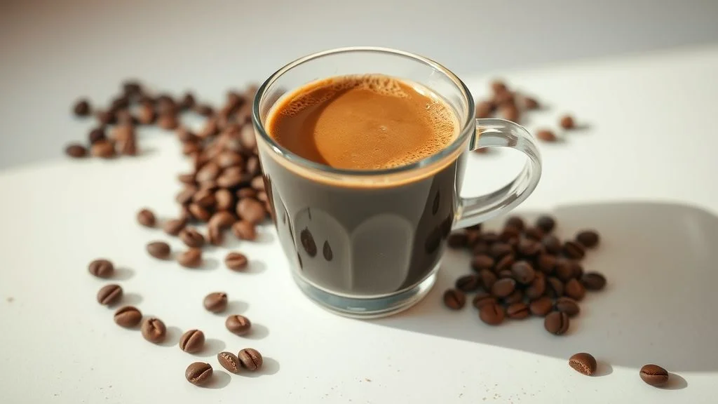 Abstract swirling dark roasted coffee beans and espresso liquid.