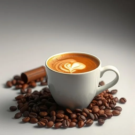 Sculptural arrangement of coffee beans, dark chocolate shards, and dried orange peel on a stark white background.