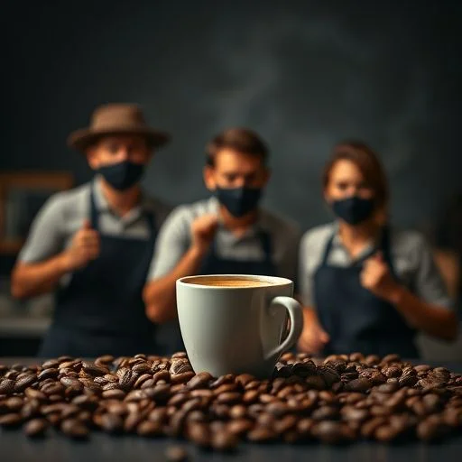 Macro shot of rich, dark soil gently cradling young coffee plant seedlings, illuminated by soft natural light. Focus on growth and vitality. No human presence.