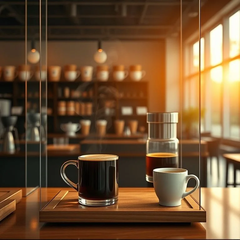Still-life of minimalist ceramic coffee cups, metallic brewing equipment, and roasted coffee beans.